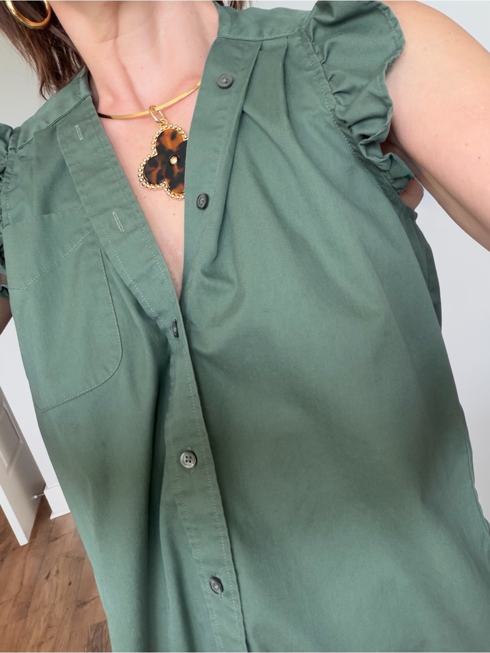 KMJ Ruffled Sleeve Button-Front Top - Green - Picture 6 of 14